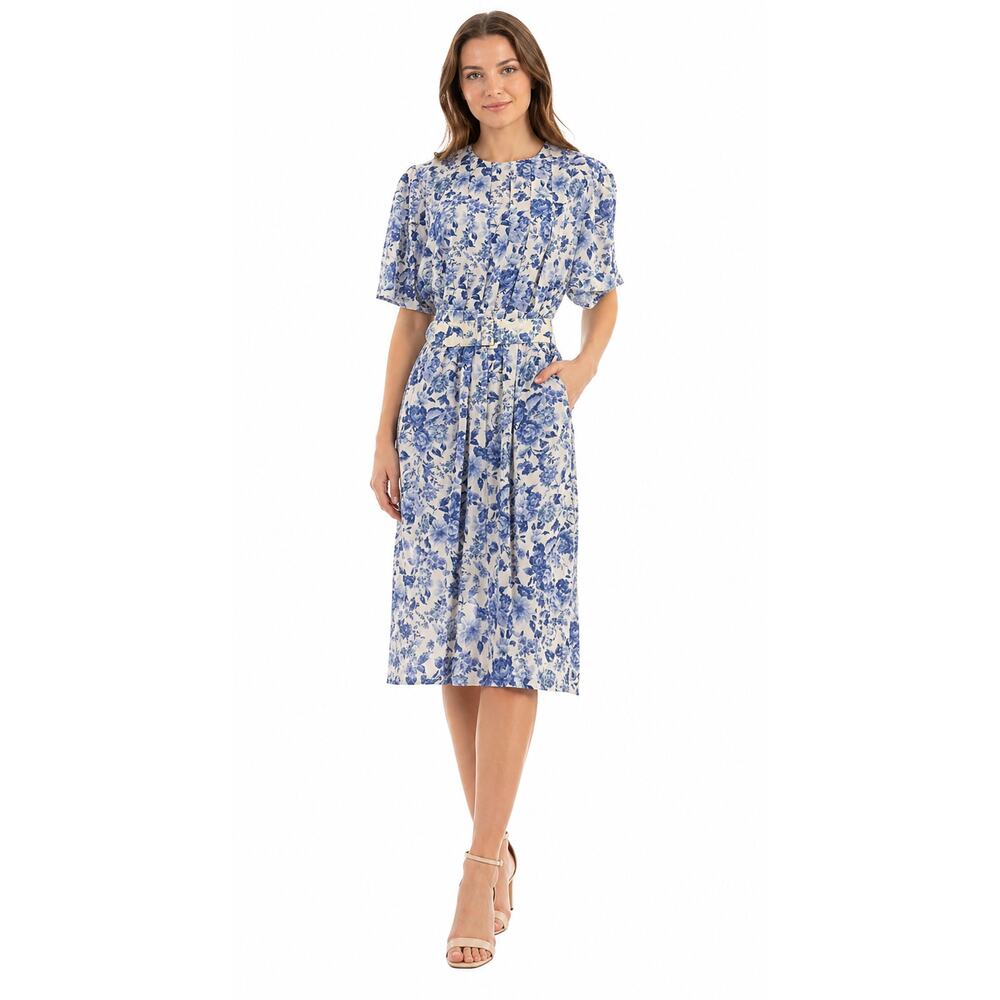 Vintage 90s Womens 12 Karin Stevens Blue Floral Rayon Midi Dress Belted
